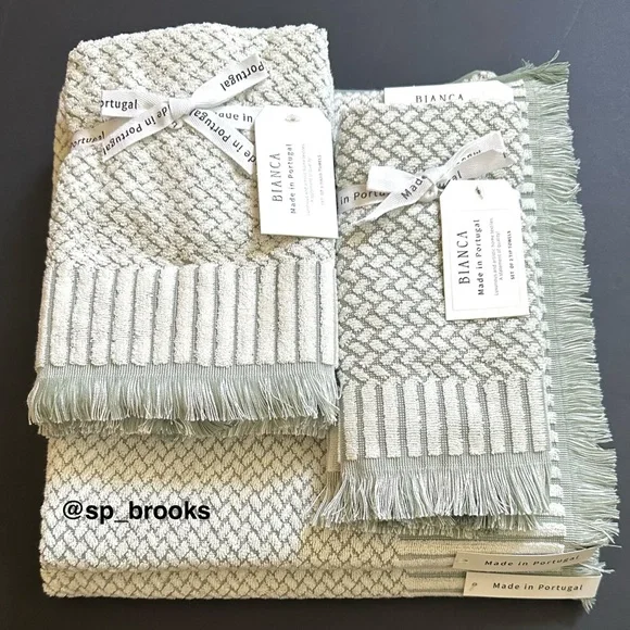 🎁BIANCA Bath Towel Set - Cotton Textured Woven & Terry - Green & Cream -6 Pieces - Picture 8 of 12